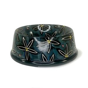 Dark Green Flowered Handmade Ceramic Vintage Dog Bowl